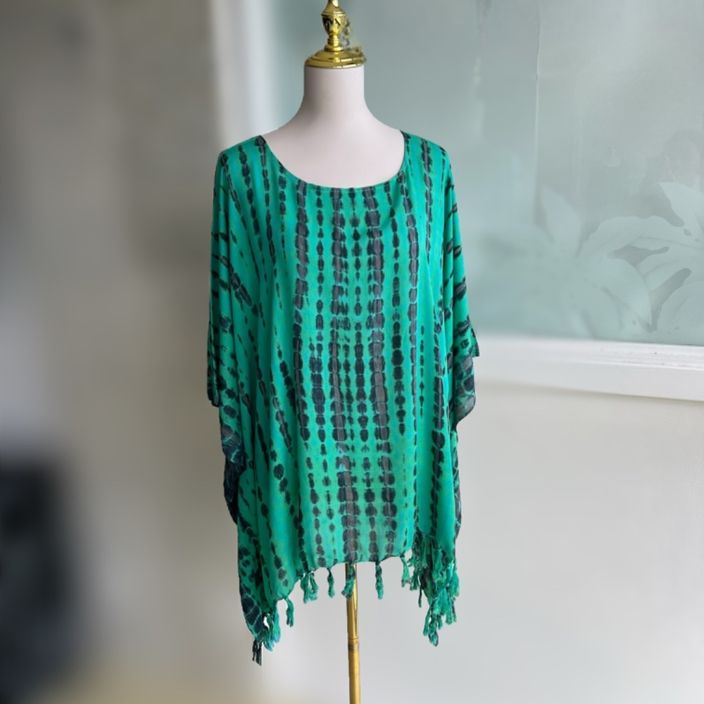 0072/ Teal Black Multicolor Poncho with fringed, Tie Dye Poncho